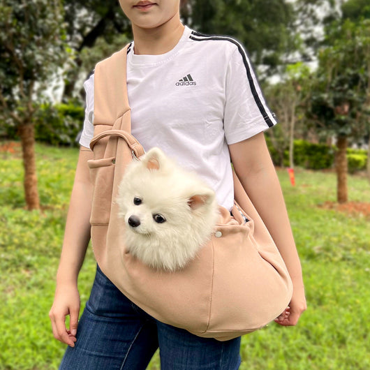 Person in white hoodie carrying a happy white dog in a navy blue pet sling bag outdoors. - Image 14
