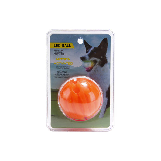 Orange LED pet ball in clear packaging, with a dog on the insert holding a glowing ball in its mouth. - Image 18