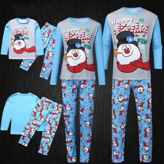 Christmas parent-child long sleeve pajamas with a snowman graphic on grey and blue tops, and patterned pants. - Image 19