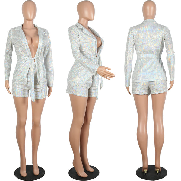 Traje Dos Piezas Largo con Lentejuelas Doradas y Estampado para Discoteca