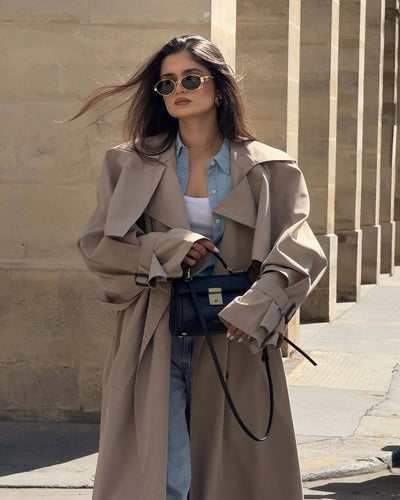 Gabardina Larga Beige con Cinturón y Capa - Image 22