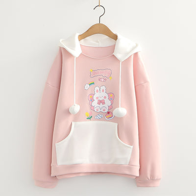 Sudadera con Capucha de Terciopelo para Mujer - Diseño Conejo Cartoon con Pompones