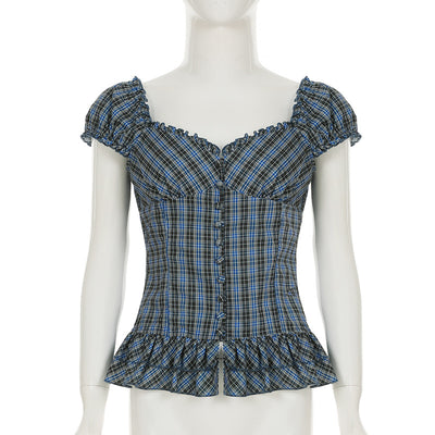 Camisa Cuadriculada Retro Francesa con Cuello Cuadrado Antiedad para Mujer - Image 19
