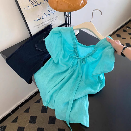 Blusa Ramie Azul Cuello V Manga Corta - Lujo Minimalista para Mujer
