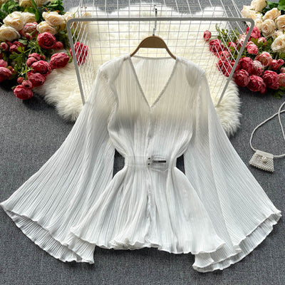 Blusa Suelta de Gasa con Escote en V y Pliegues - Image 8
