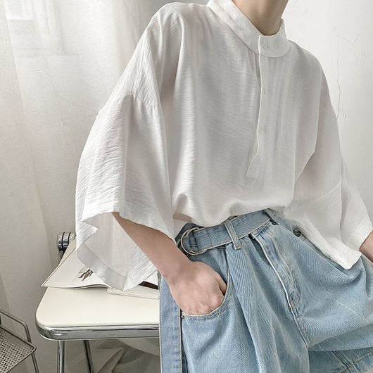 Camisa Japonesa Ligera para Hombre con Cuello Mao de Manga Corta - Image 2