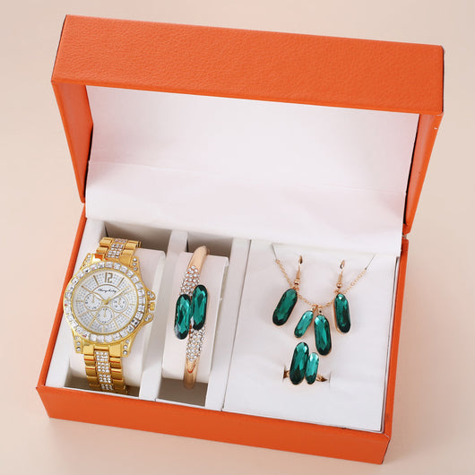 Conjunto de Accesorios en Acero Verde: Reloj, Anillo, Collar y Aretes de Cuarzo - Image 7