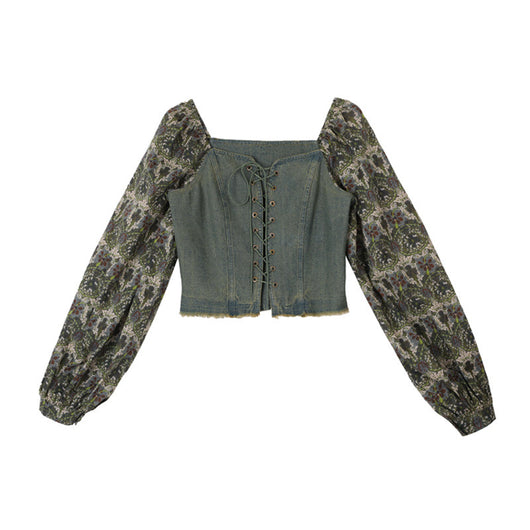 Camisa Denim Retro con Encaje y Cordones - Manga Larga Estilo Floral Francés - Image 2