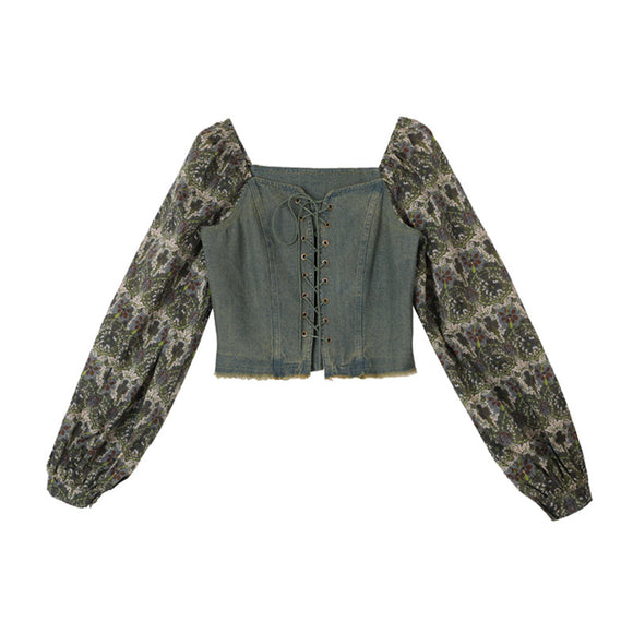 Camisa Denim Retro con Encaje y Cordones - Manga Larga Estilo Floral Francés