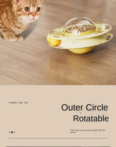 Yellow UFO tumbler cat toy with rolling balls, a clear dome, and a spring-mounted feather wand with a bell. - Image 14