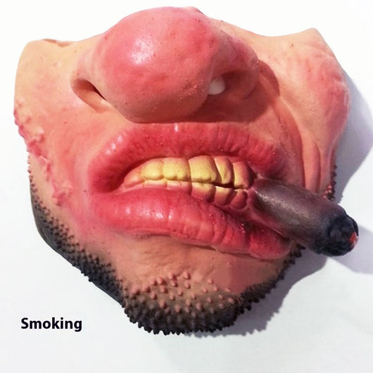 Funny grotesque mask with a large nose, yellow teeth, a cigar, stubble, and stitches on the cheek. - Image 5