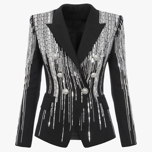 Traje Slim Fit Doble Botonadura con Hebilla de Cabeza de León en Plata