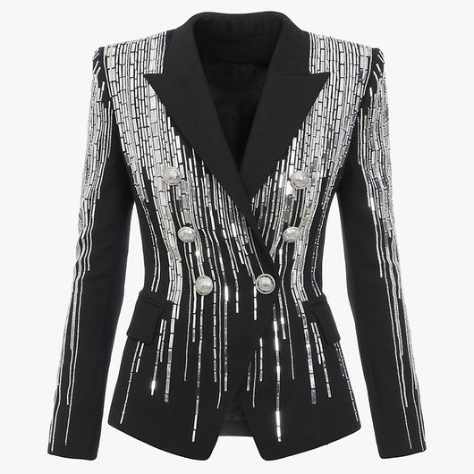 Traje Slim Fit Doble Botonadura con Hebilla de Cabeza de León en Plata