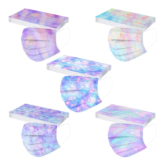 Stack of disposable children's face masks with a purple and blue tie-dye pattern and white ear loops. - Image 3