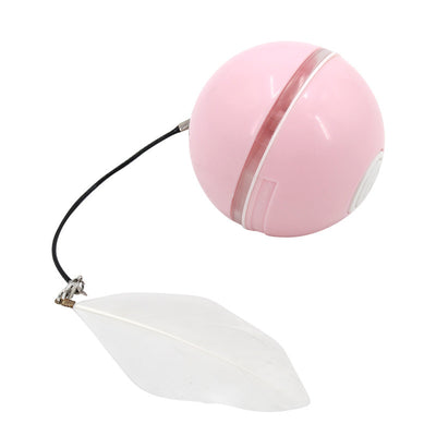 White spherical pet toy with a translucent stripe, featuring a black cord attached to a white feather. - Image 5