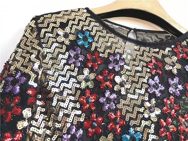 Blusa Larga de Encaje con Flores y Lentejuelas Brillantes