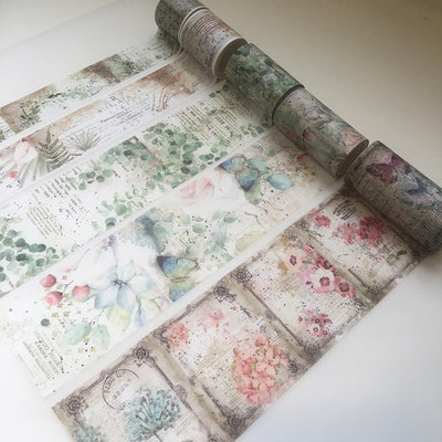 Two rolls of vintage floral washi tape with clocks, feathers, and text overlays, measuring 55mm x 5m. - Image 4