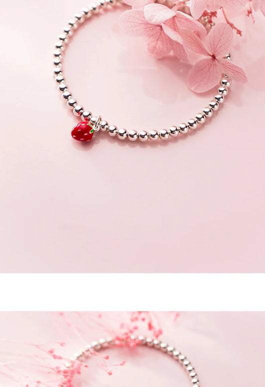 Pulsera de Plata S925 con Dije de Fresa Lacado Estilo Coreano - Image 12