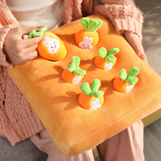 Orange plush carrot-shaped pet toy with four smaller removable carrots, featuring green tops and embroidered sleepy eyes. - Image 22