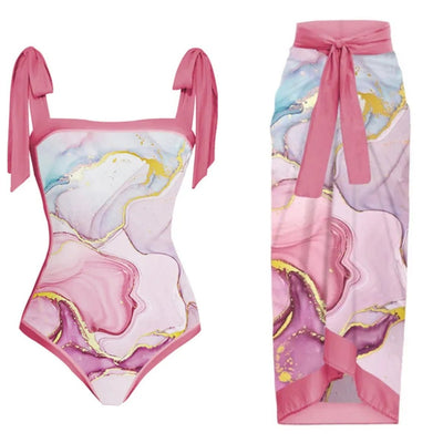 One-piece swimsuit with purple tie-shoulder straps, square neckline, and a teal butterfly and floral print. - Image 2