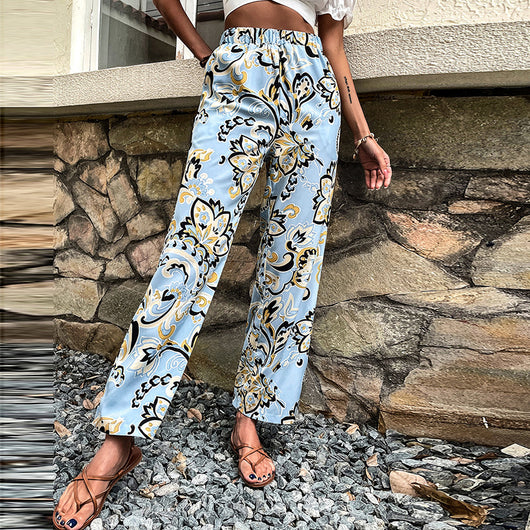 Pantalones Rectos Casuales para Mujer con Estampado Floral y Cordones