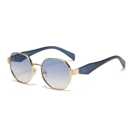 Polygonal sunglasses with a gold metal frame, beige temples, and dark black-gray lenses on a white background. - Image 23