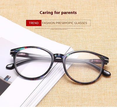 Four pairs of anti-blue light reading glasses with colorful full-rim frames in pink, tea, blue, and violet patterns. - Image 12