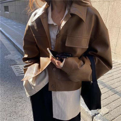 Chaqueta de Cuero para Mujer con Solapa Suelta y Bolsillos - Image 9