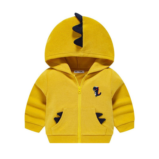 Olive green full-zip hoodie for kids with orange dinosaur spikes on the hood and pockets, and a dinosaur embroidery. - Image 2