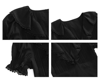 Vestido Negro con Volantes y Cuello en V Doble Plisado - Image 8