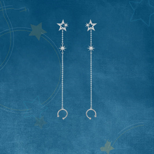 Aretes Largos de Plata 925 con Borla y Estrella de Circonia para Mujer
