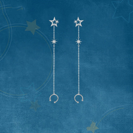 Aretes Largos de Plata 925 con Borla y Estrella de Circonia para Mujer
