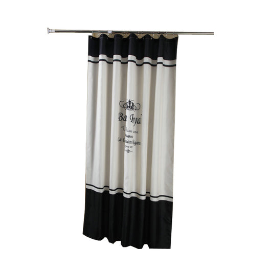 Black and white striped polyester shower curtain with a crown and text design, hanging from a silver tension rod. - Image 2