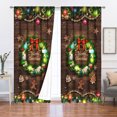 Christmas curtain with a snowy village scene, Santa Claus, flying reindeer, and piles of wrapped gifts. - Image 41
