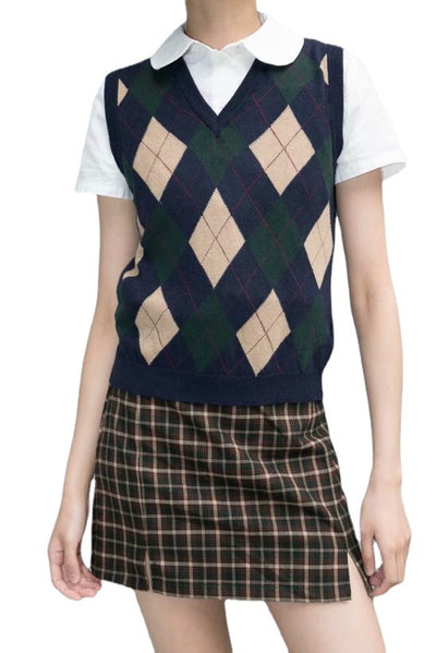 Chaleco Tejido Cuadros Diamante Estilo Preppy Retro Versátil - Image 2