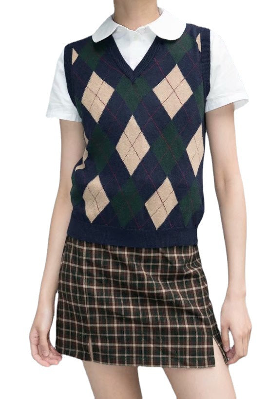 Chaleco Tejido Cuadros Diamante Estilo Preppy Retro Versátil