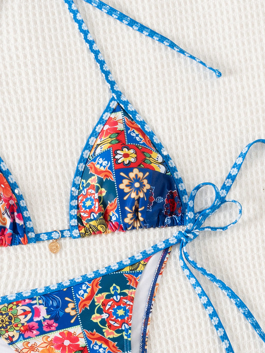 Red floral print triangle cup bikini set with matching bottom, featuring a small gold charm on the top. - Image 35