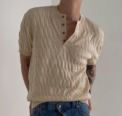 Camiseta Manga Corta Tejida de Algodón Hemp para Hombre - Cuello Estampado - Image 15