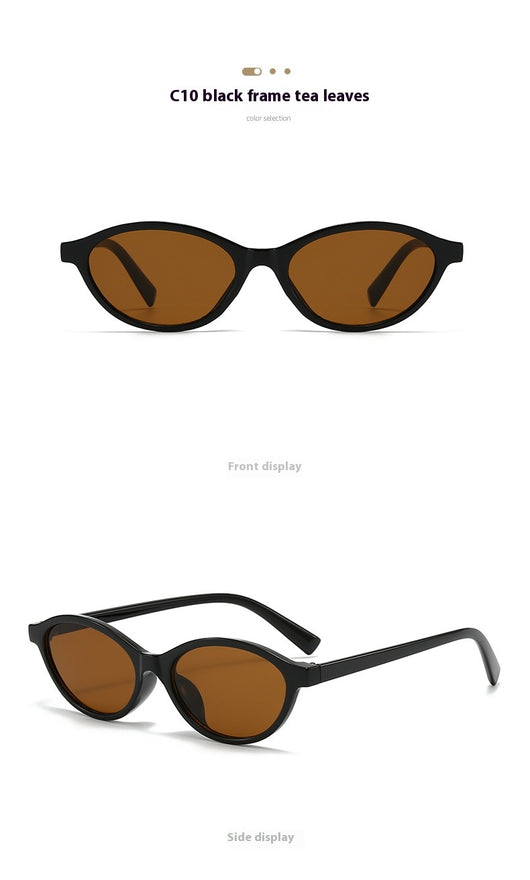 Retro fashion small frame sunglasses with translucent brown frames and yellow oval lenses, viewed from an angle. - Image 19