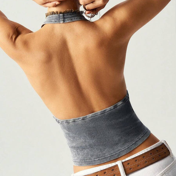Blusa Halter con Panel de Encaje para Mujer