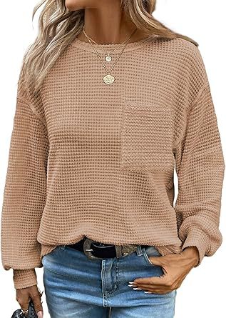 Blusa Tejida Waffle Manga Larga Cuello Redondo para Mujer - Image 3