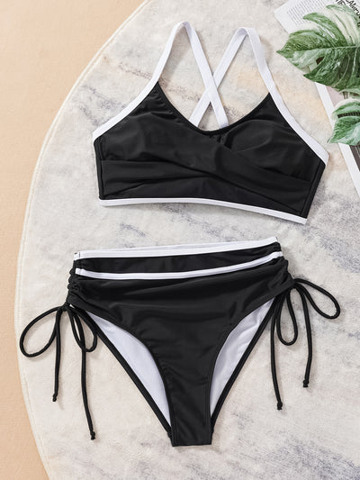 Black and white color matching bikini swimsuit with a high-waisted drawstring bottom and a split top. - Image 16