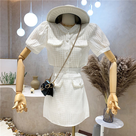 Conjunto de Falda Alta y Blusa de Perlas para Verano - Image 9