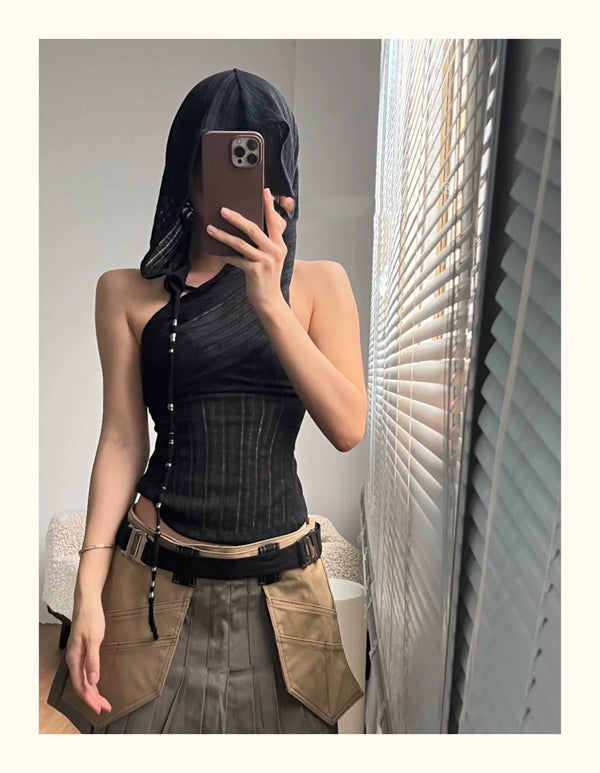 Falda Plisada Talle Bajo Estilo Militar Verde Oliva