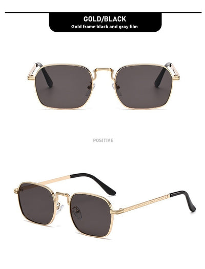 Gold frame square-oval sunglasses with gradient black and grey lenses and black temple tips on a white background. - Image 23