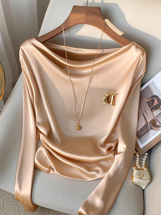 Blusa de Satén Champagne con Cuello Solapa - Prenda Interior Elegante de Manga Larga - Image 10