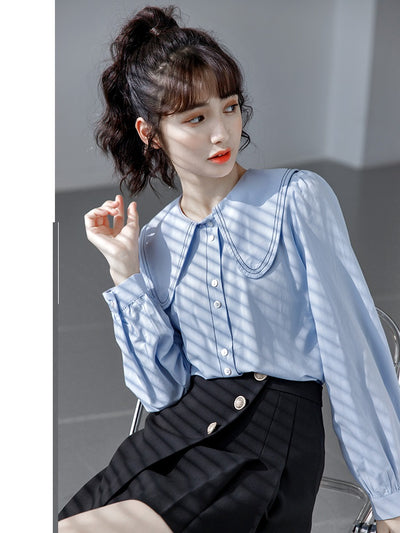 Blusa Cuello Bebé Azul Manga Larga Diseño Sofisticado para Mujer - Image 5