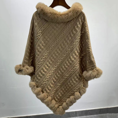 Poncho Tipo Capa de Punto Grueso con Cuello de Pelaje - Image 10