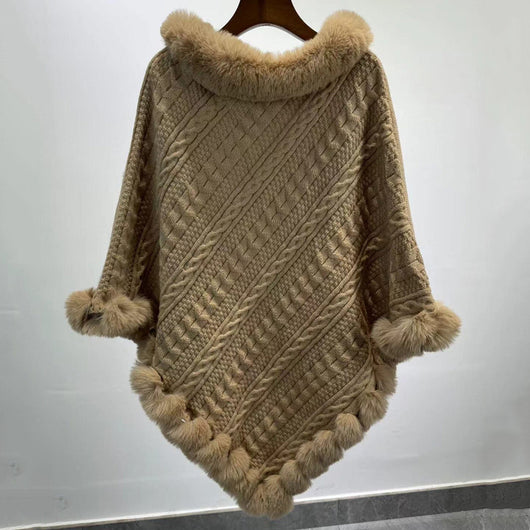 Poncho Tipo Capa de Punto Grueso con Cuello de Pelaje - Image 10