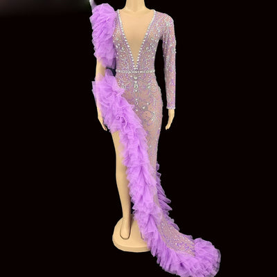 Vestido de Gasa Plisado con Manga Asimétrica y Detalle Diamante - Image 8